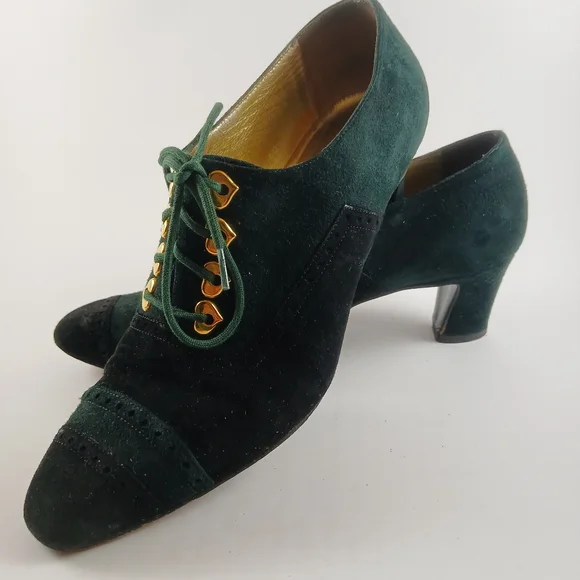 Vintage‎ ESCADA Green And Black Suede Lace-Up Bootie Heels Pumps Size 5.5 M - Picture 7 of 7